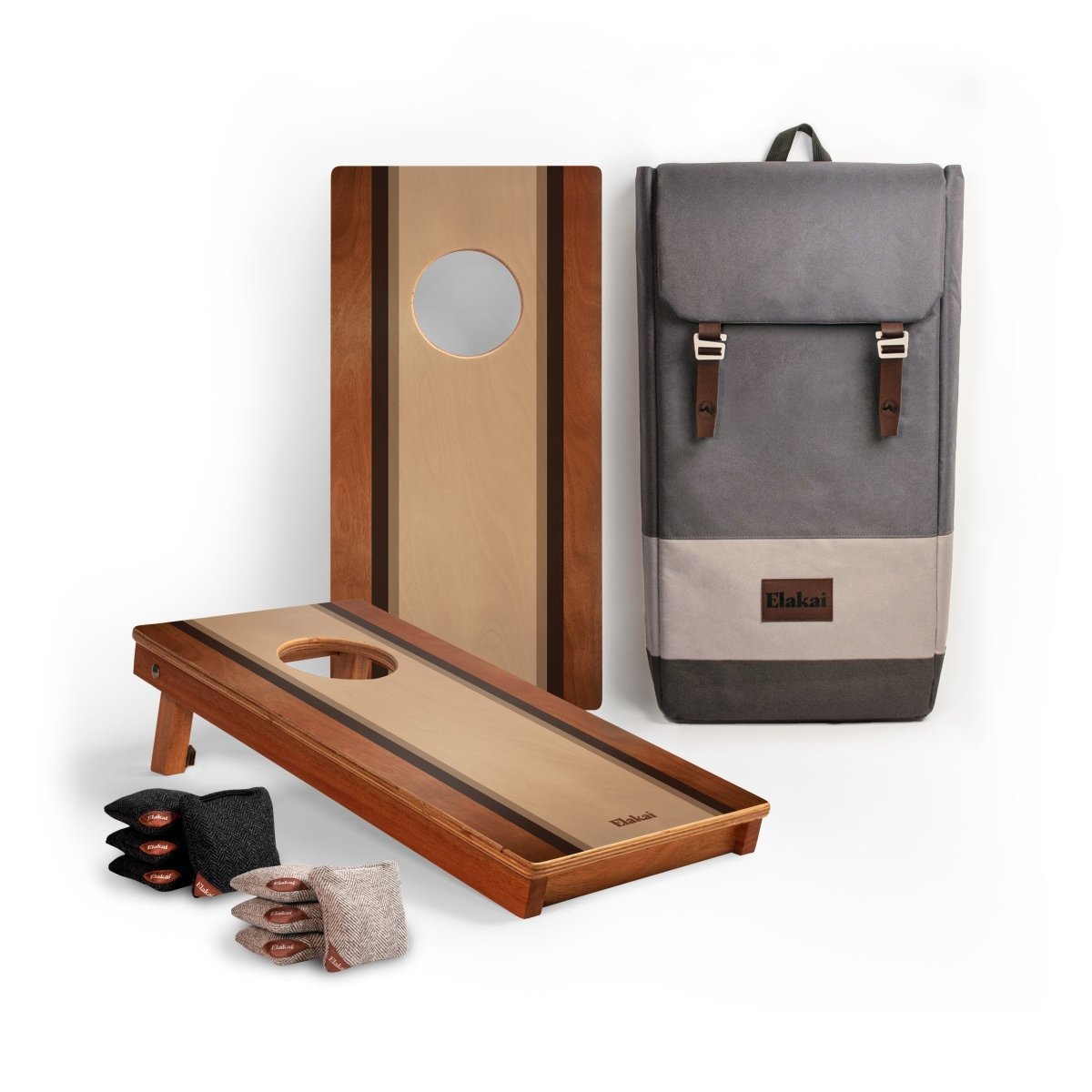 1ft x 2ft Graphic Wood Travel Cornhole Set | Classic Beach Stripes Collection - Mocha EGCH12P-54-WB | American Cornhole Association