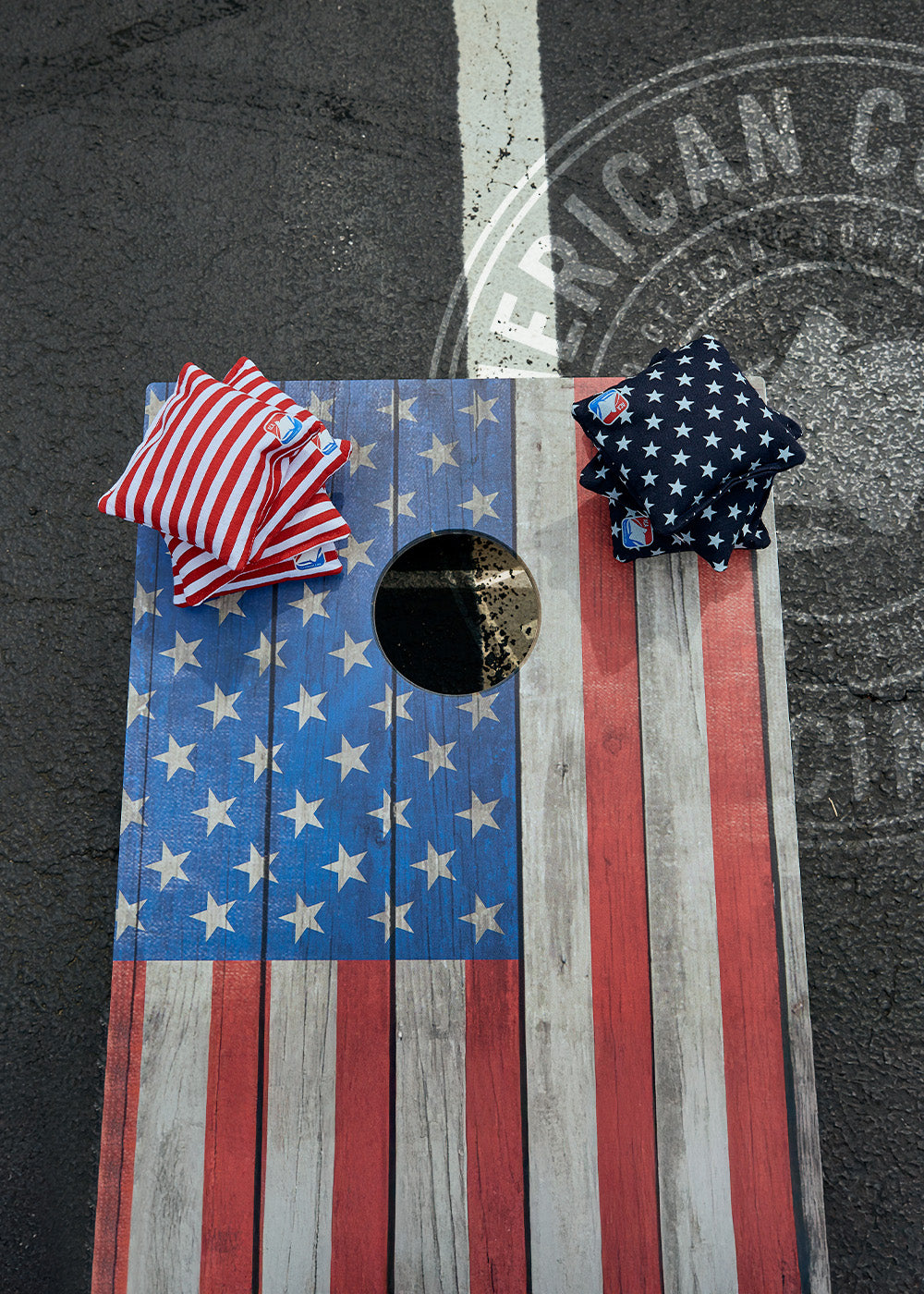 Cornhole board with American flag design