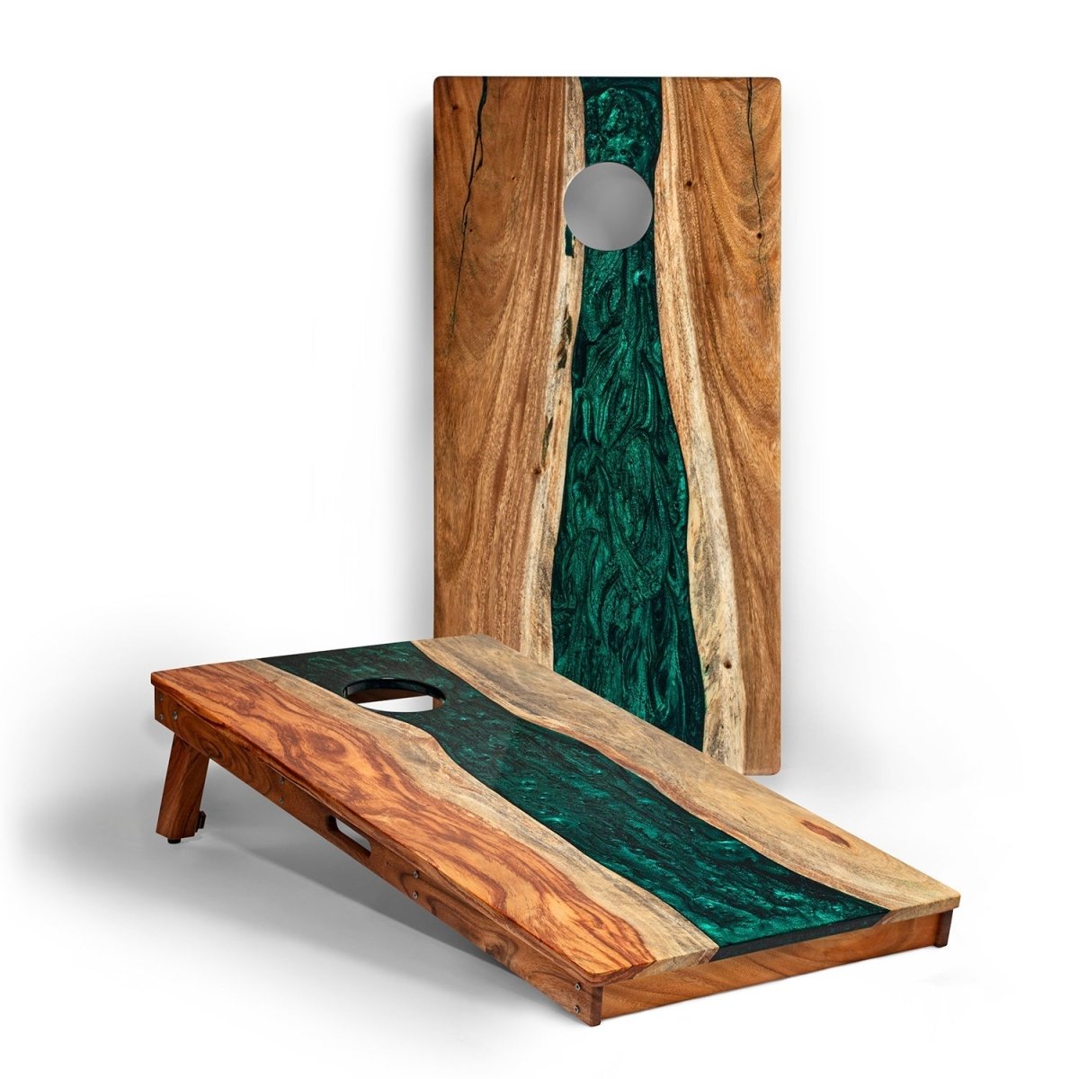 2ft x 4ft Resin & Wood Classic Cornhole Set | Live Edge River Collection - Green Pearl EGCH24RLE-01 | American Cornhole Association