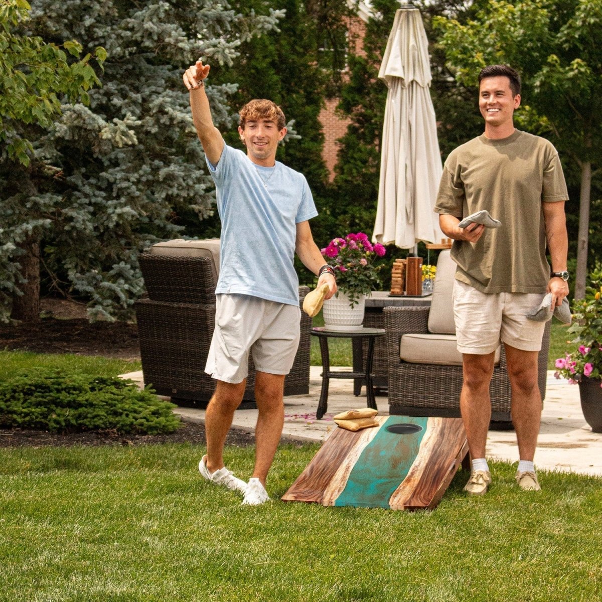 2ft x 4ft Resin & Wood Classic Cornhole Set | Live Edge River Collection - Teal and Orange EGCH24RLE-09 | American Cornhole Association