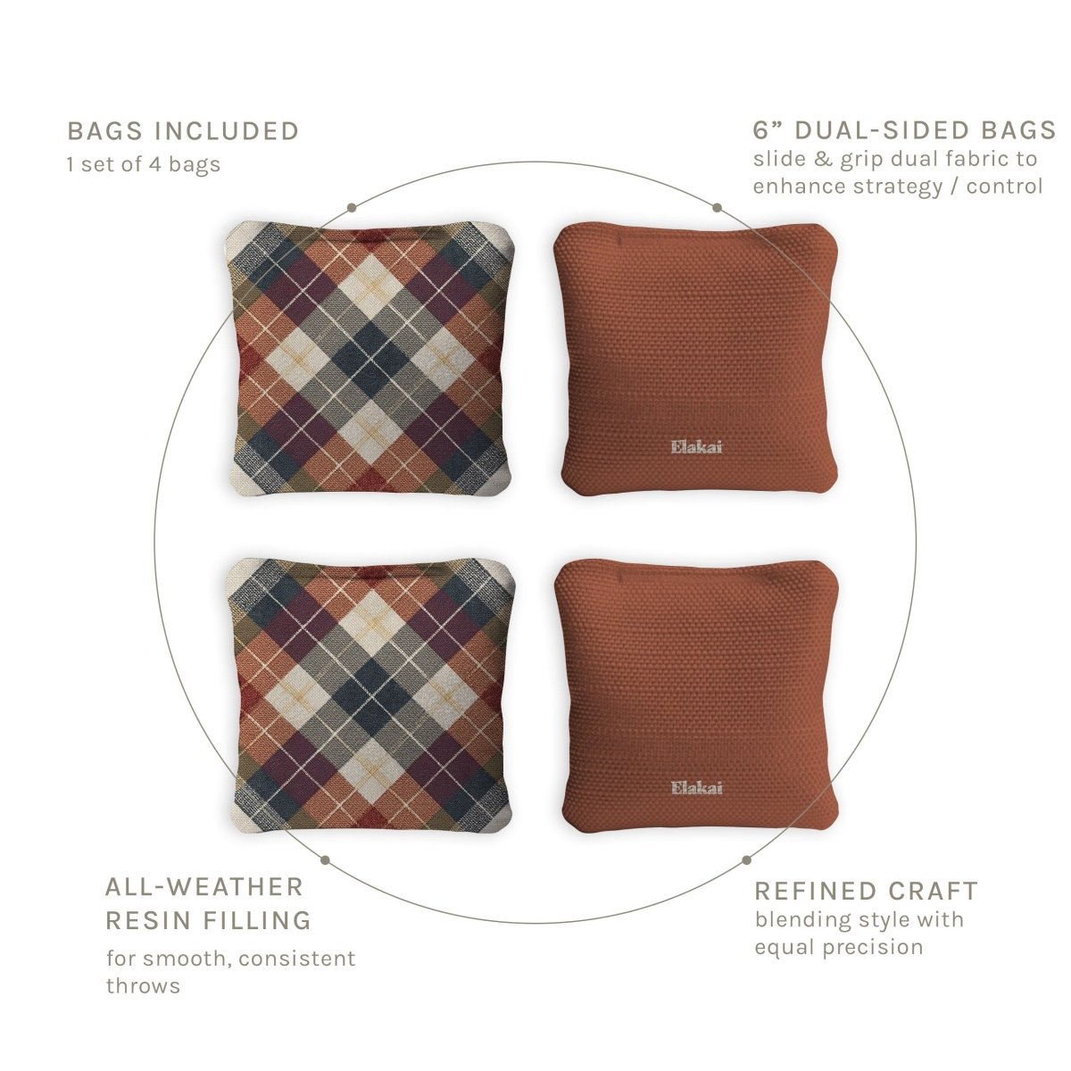 6-in Dual-Sided Cornhole Bags | Plaid Collection - Rustic Argyle Plaid Orange EGCB66TS-56 | American Cornhole Association