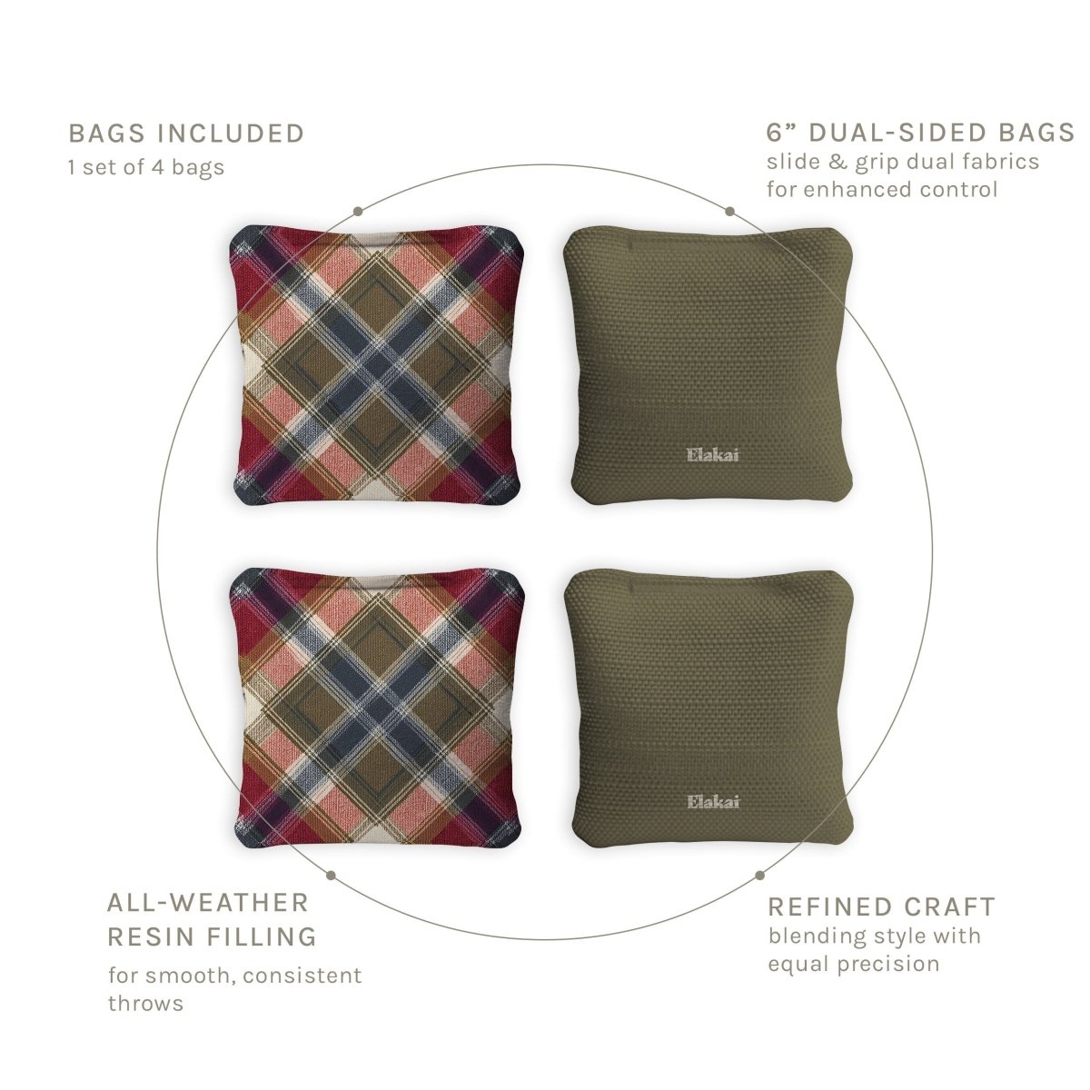 6-in Dual-Sided Cornhole Bags | Plaid Collection - Rustic Tartan Plaid Olive Green EGCB66TS-54 | American Cornhole Association