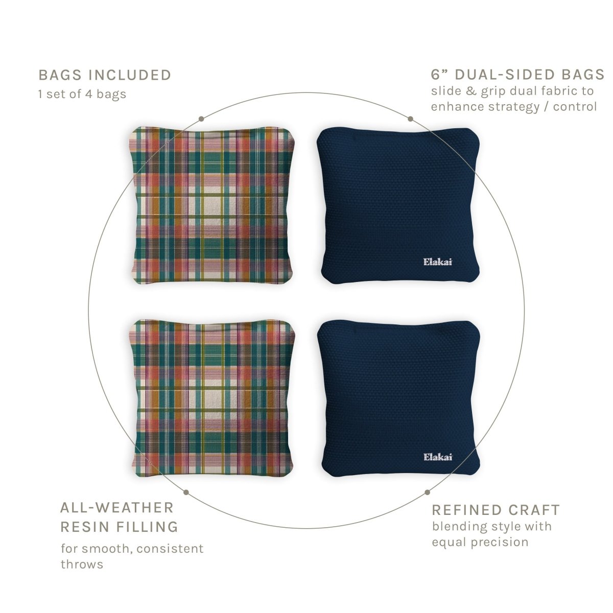 6-in Dual-Sided Cornhole Bags | Plaid Collection - Vintage Madras Plaid Coastal Navy EGCB66TS-58 | American Cornhole Association