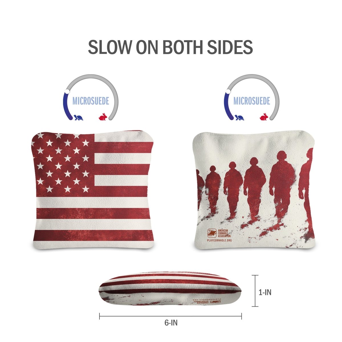 Front and back view of American Flag Red Lock Shot Cornhole Bags showing dual-sided slow-speed microsuede construction for more bag control.
#color_Red