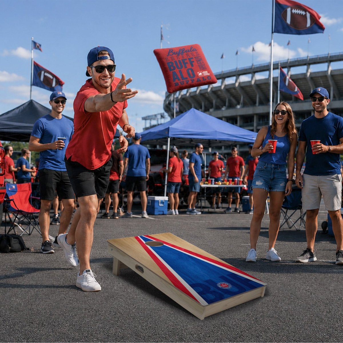 Complete football cornhole set with regulation boards, bags, and carry bag.