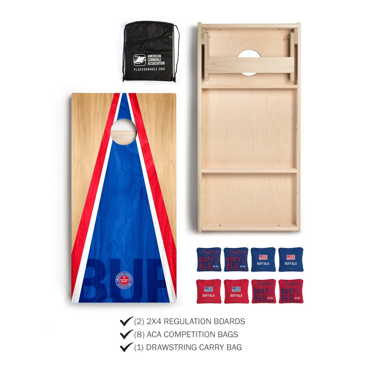 Buffalo Tailgate Series Cornhole Set with Pro Bags and drawstring carry bag.