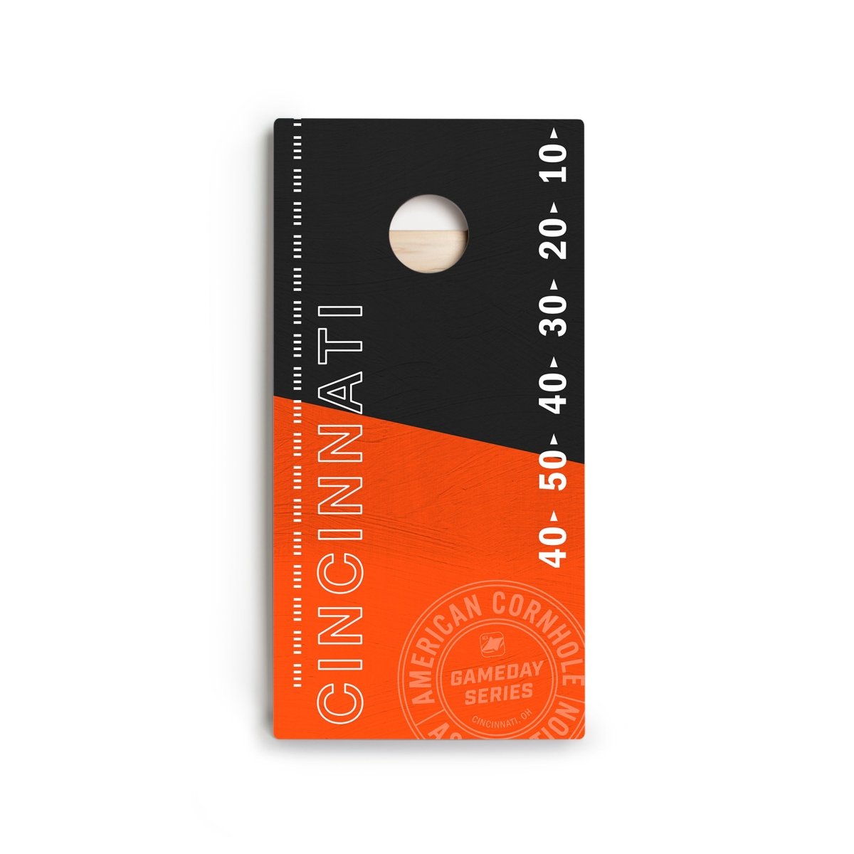 Front view of Cincinnati Football Gameday Stadium Star Cornhole Boards showing premium playing surface and HD printed graphics.