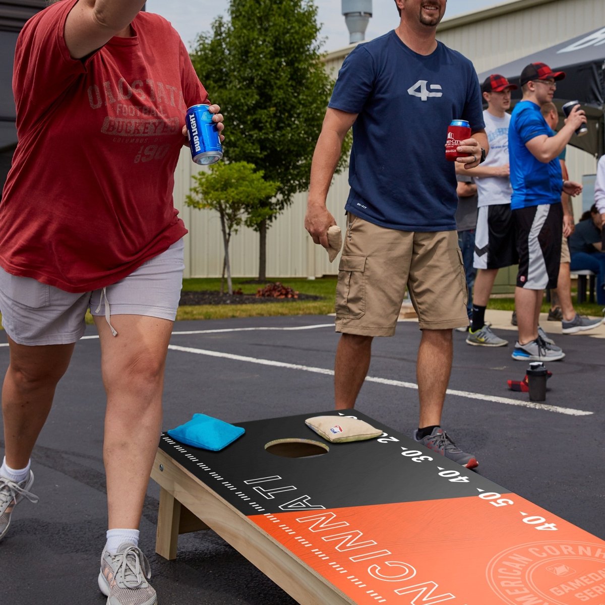 Premium wooden cornhole board with game day stadium graphics.