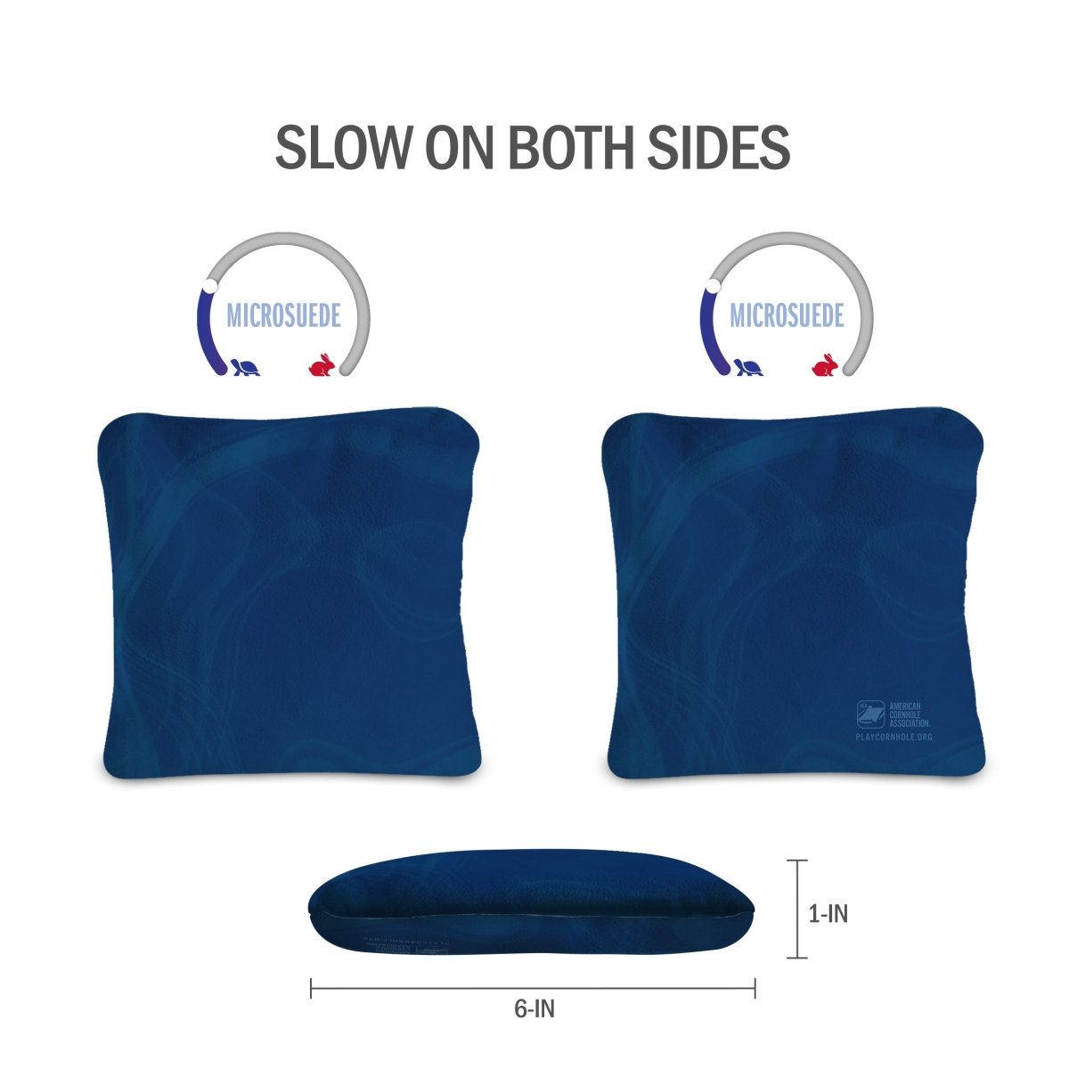 Front and back view of Classic Blue Lock Shot Cornhole Bags showing dual-sided slow-speed microsuede construction for more bag control.