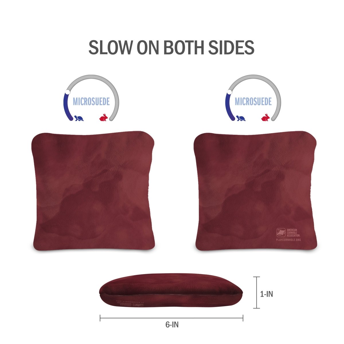 Front and back view of Classic Red Lock Shot Cornhole Bags showing dual-sided slow-speed microsuede construction for more bag control.