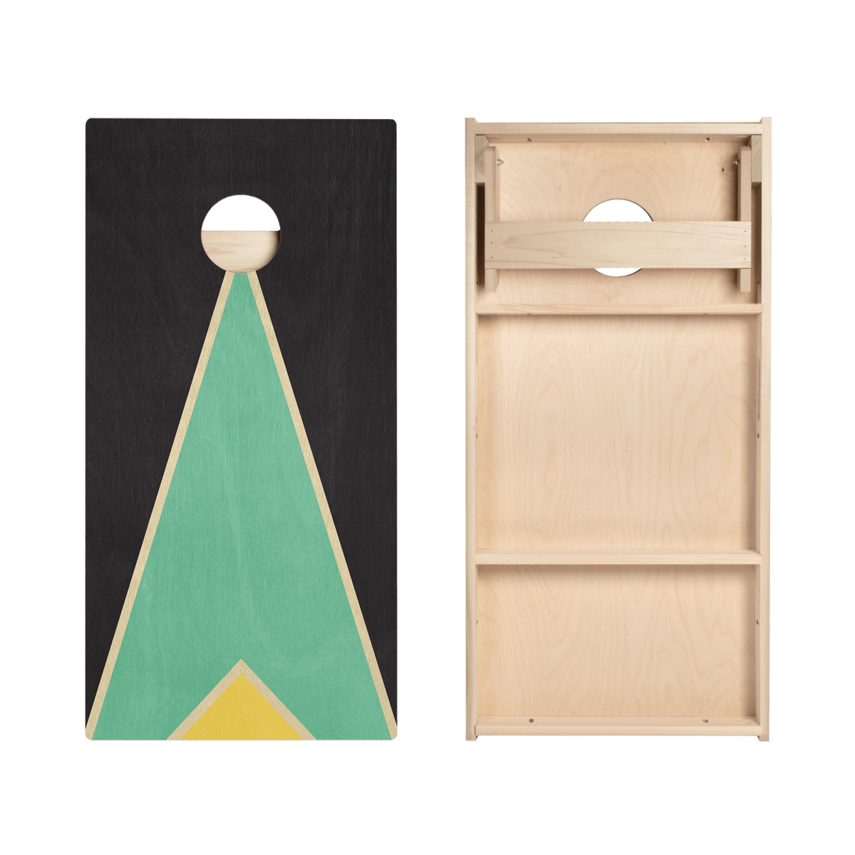 Classic Retro Triangle - Black, Teal, and Yellow Star Cornhole Boards - ACA - 000437 | American Cornhole Association