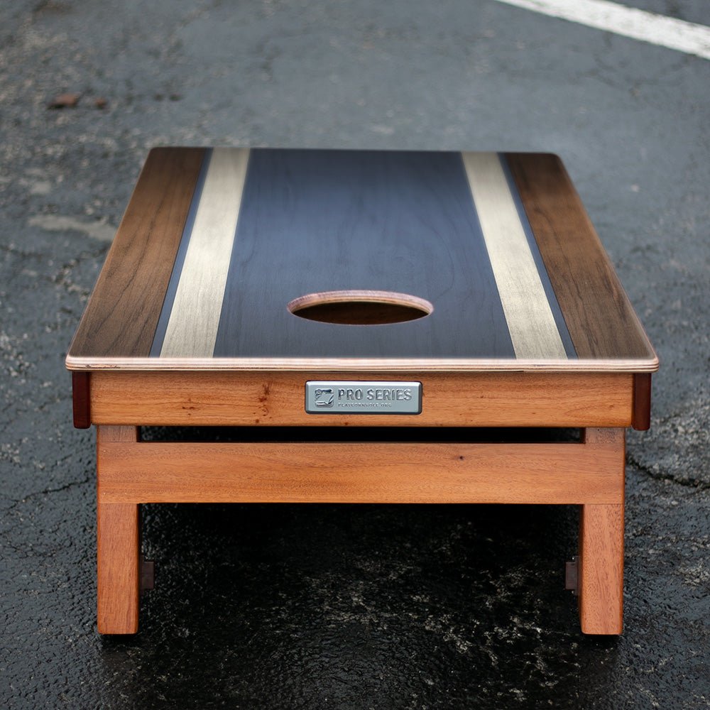 Classic Stripes Dark Wood Blue Silver Series Cornhole Boards - American Cornhole Association