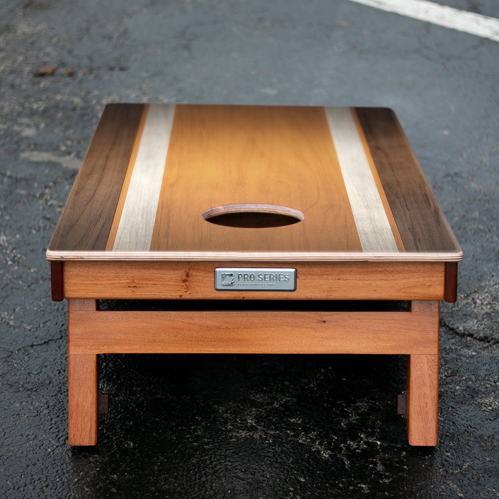 Classic Stripes Dark Wood Orange Silver Series Cornhole Boards - American Cornhole Association