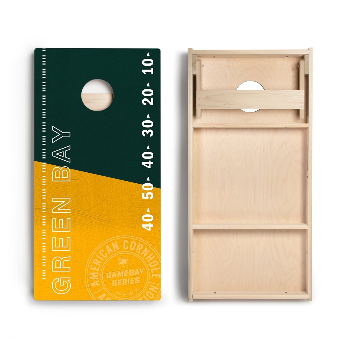 Front and back view of Green Bay Football Gameday Stadium Star Cornhole Boards showing premium playing surface and bounce-reducing bracing.
