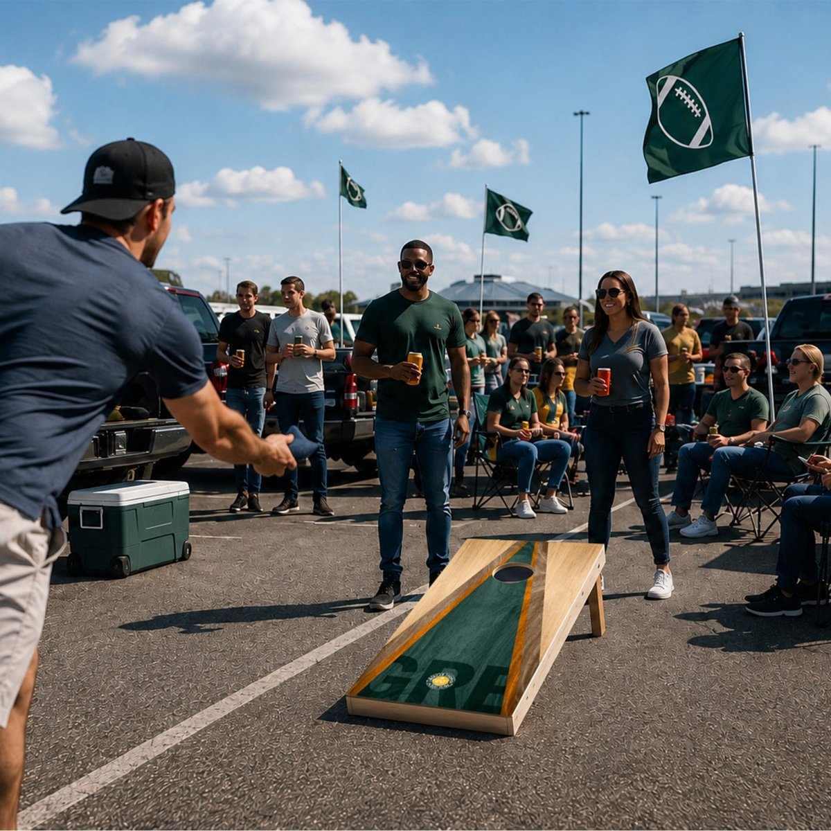 Complete football cornhole set with regulation boards, bags, and carry bag.