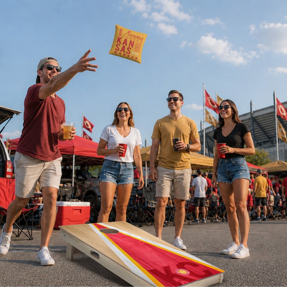 Complete football cornhole set with regulation boards, bags, and carry bag.