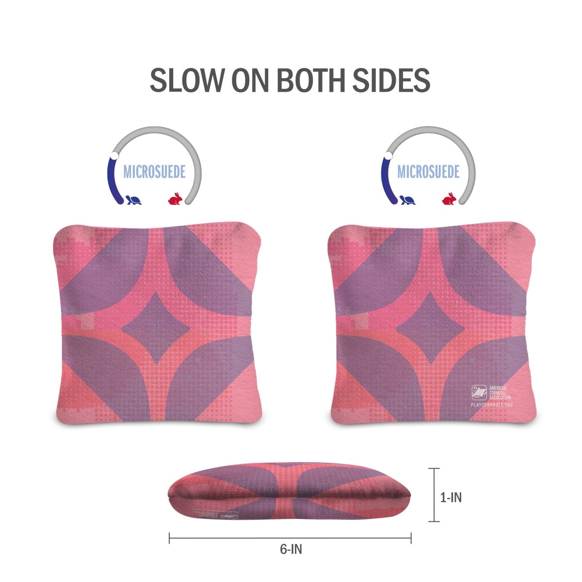 Lock 'n Key Pink Front and back view of Sticker Bomb Lock Shot Cornhole Bags showing dual-sided slow-speed microsuede construction for more bag control.