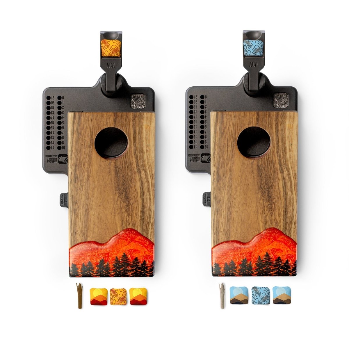 Mini Tabletop Resin & Wood Cornhole Set | Mountain Collection - Orange EGDC-12 | American Cornhole Association