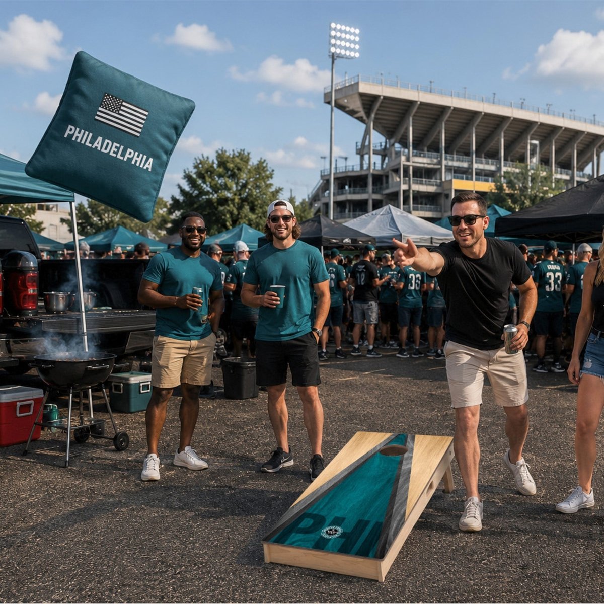 Complete football cornhole set with regulation boards, bags, and carry bag.