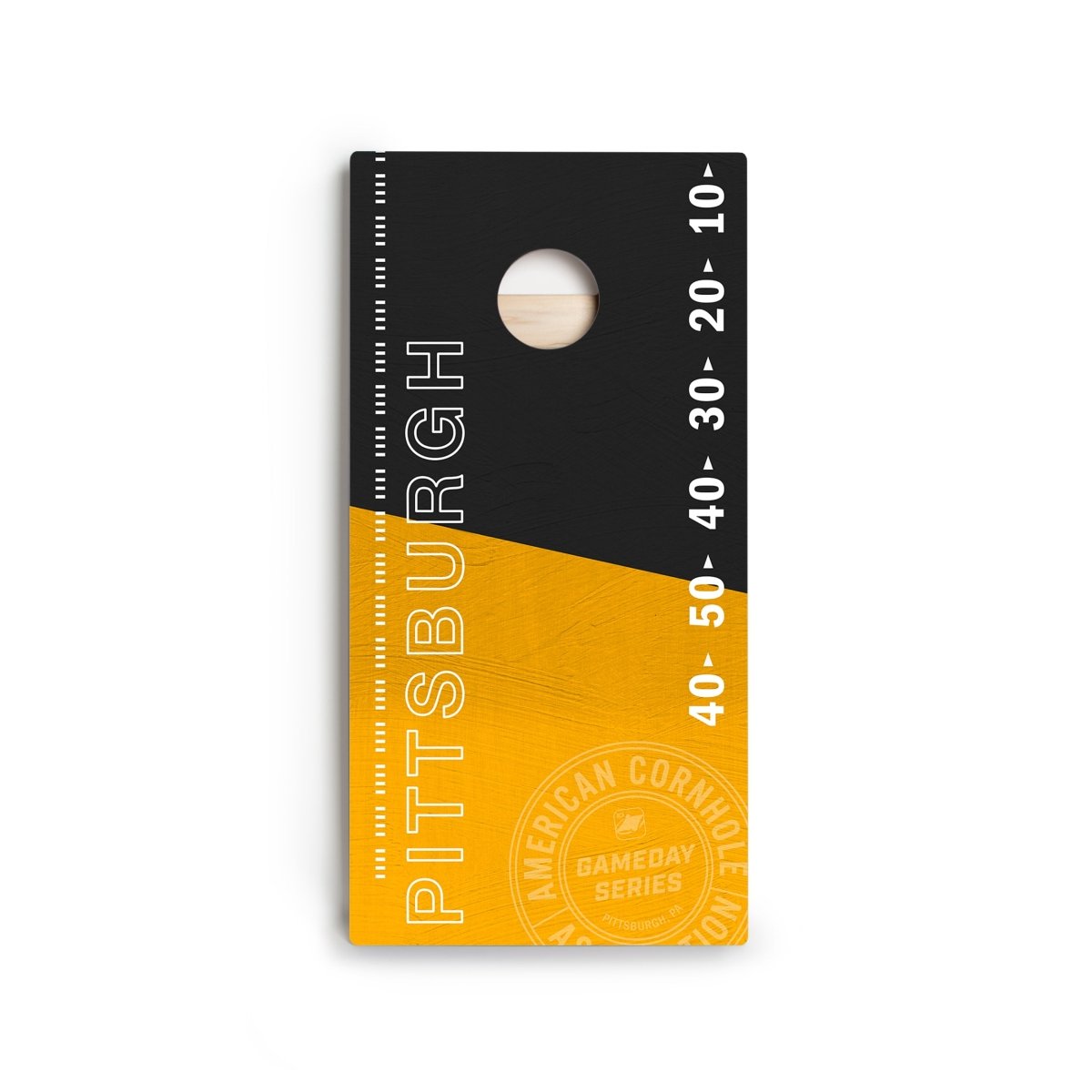 Front view of Pittsburgh Football Gameday Stadium Star Cornhole Boards showing premium playing surface and HD printed graphics.