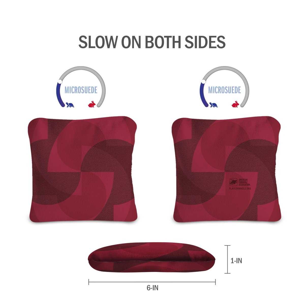 Front and back view of Red Fusion Lock Shot Cornhole Bags showing dual-sided slow-speed microsuede construction for more bag control.