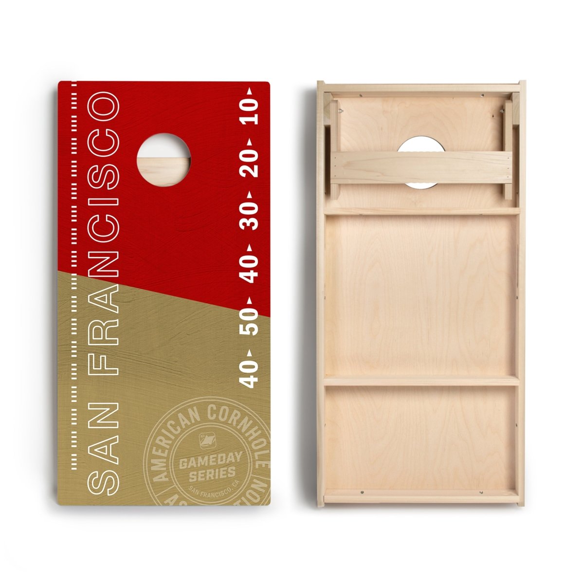 Front and back view of San Francisco Football Gameday Stadium Star Cornhole Boards showing premium playing surface and bounce-reducing bracing.
