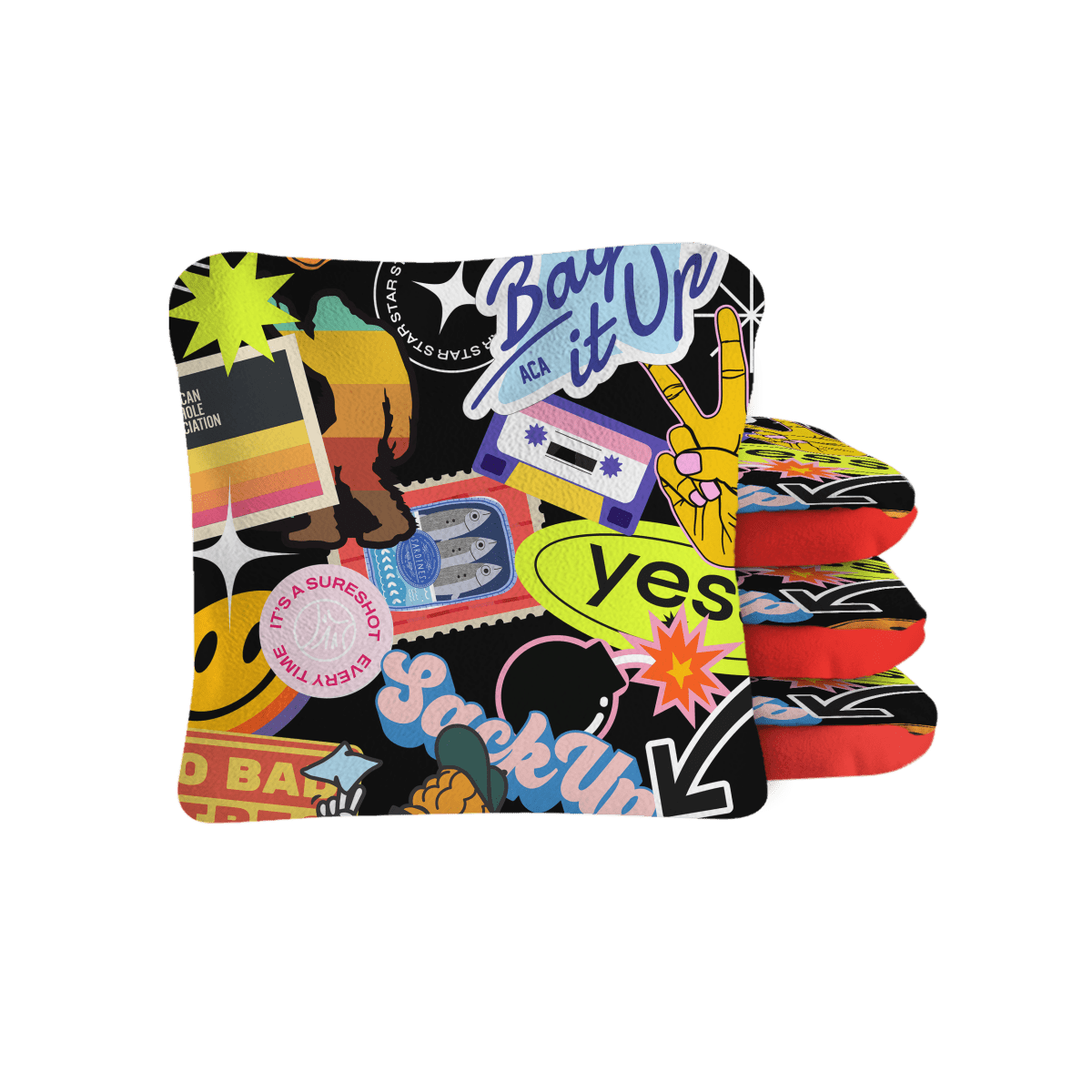 Sticker Bomb Lock Shot Cornhole Bags with dual-sided microsuede control fabric by the American Cornhole Association.