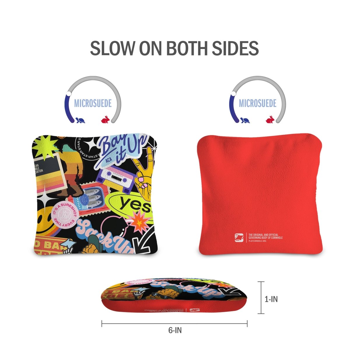 Front and back view of Sticker Bomb Lock Shot Cornhole Bags showing dual-sided slow-speed microsuede construction for more bag control.