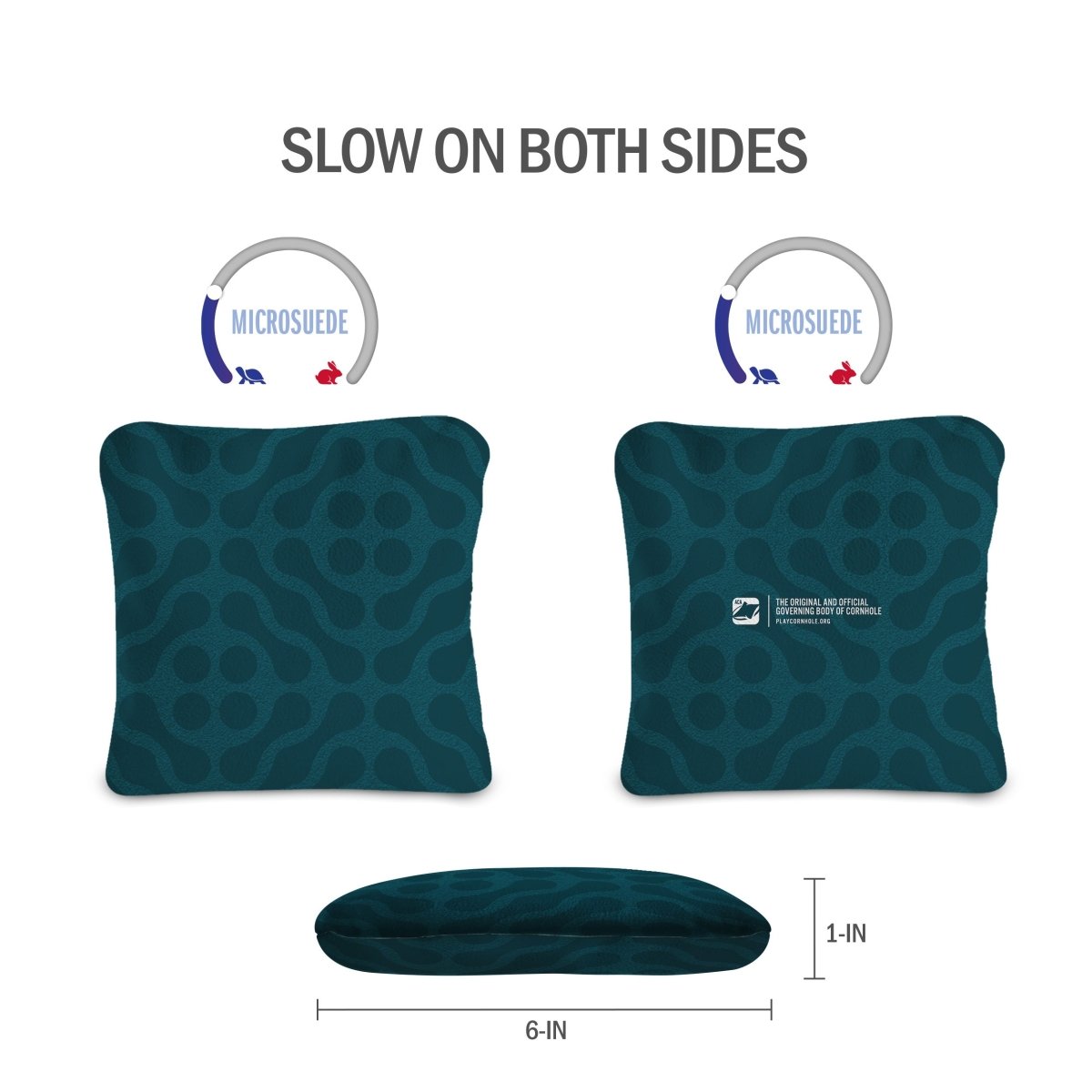 Front and back view of Wavy Teal Lock Shot Cornhole Bags showing dual-sided slow-speed microsuede construction for more bag control.