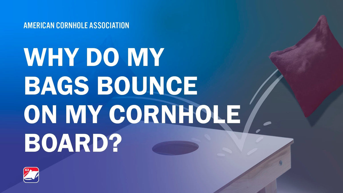A red cornhole bag landing on a plain board, explaining why bags bounce and the importance of sturdy board bracing
