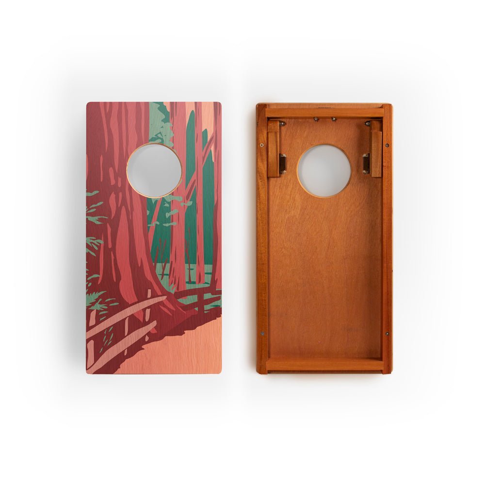 1ft x 2ft Graphic Wood Travel Cornhole Set | National Parks Inspired Collection - Redwoods EGCH12P-16-WB | American Cornhole Association
