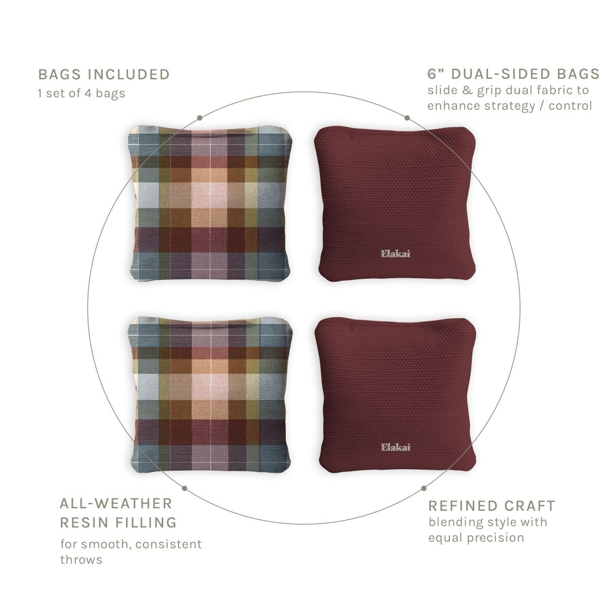 6-in Dual-Sided Cornhole Bags | Plaid Collection - Classic Patchwork Plaid Deep Maroon EGCB66TS-57 | American Cornhole Association