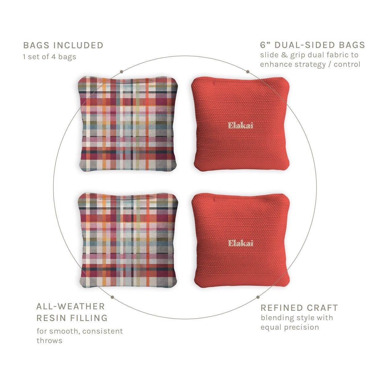 6-in Dual-Sided Cornhole Bags | Plaid Collection - Madras Plaid Sunset Orange EGCB66TS-60 | American Cornhole Association