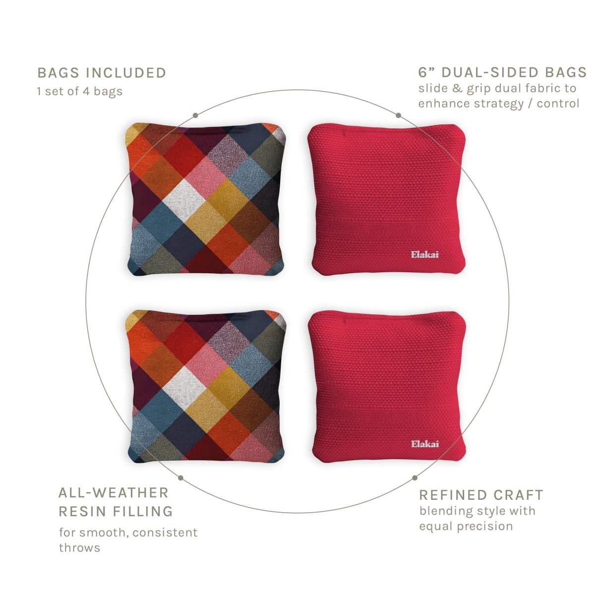 6-in Dual-Sided Cornhole Bags | Plaid Collection - Vintage Buffalo Check Colorful Red EGCB66TS-59 | American Cornhole Association