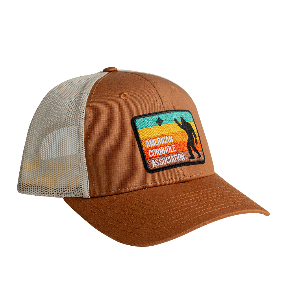 ACA Tan and Cream Richardson Snapback Trucker Hat with Retro Sasquatch Patch