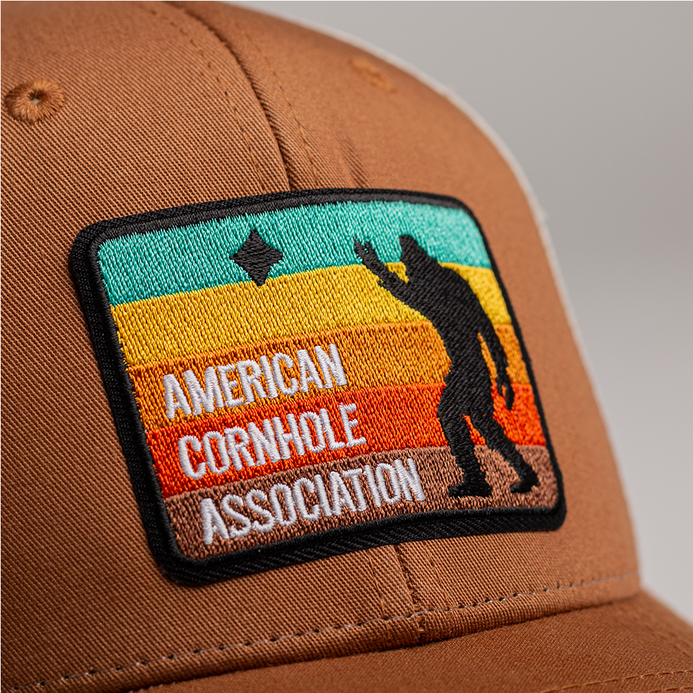 ACA Tan and Cream Richardson Snapback Trucker Hat with Retro Sasquatch Patch