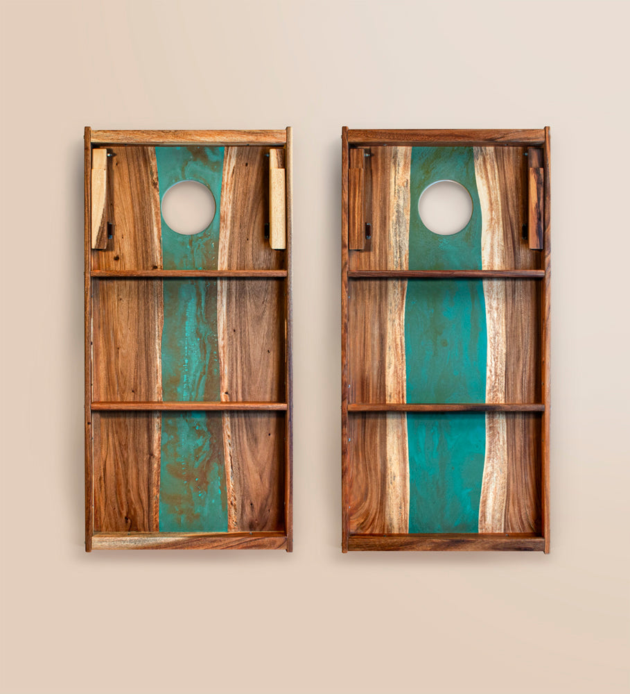 2x4 One of a Kind Teal and Orange Pearl Epoxy Resin Live-Edge Wood Cornhole Boards