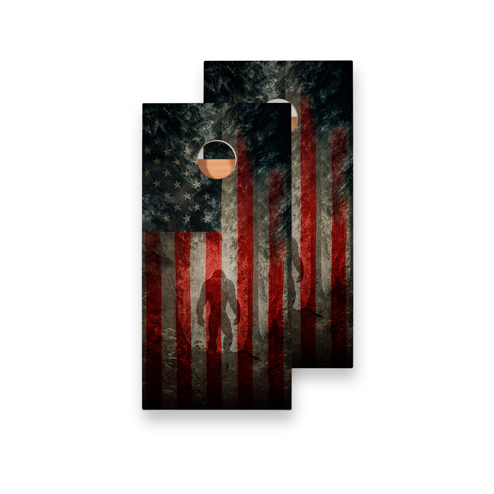 Patriotic USA Flag Sasquatch Star Cornhole Boards