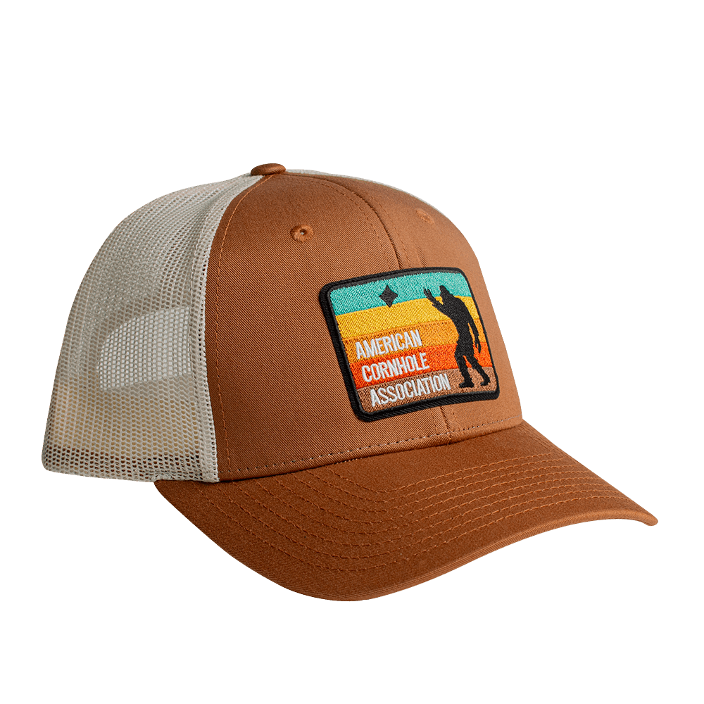 ACA Tan and Cream Richardson Snapback Trucker Hat with Retro Sasquatch Patch, Tan - American Cornhole Association