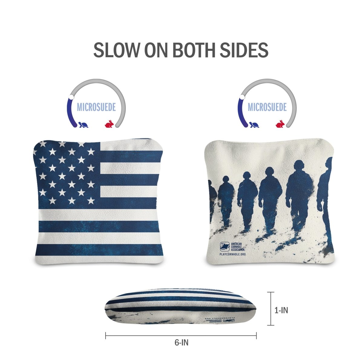 Front and back view of American Flag Blue Lock Shot Cornhole Bags showing dual-sided slow-speed microsuede construction for more bag control.
#color_blue