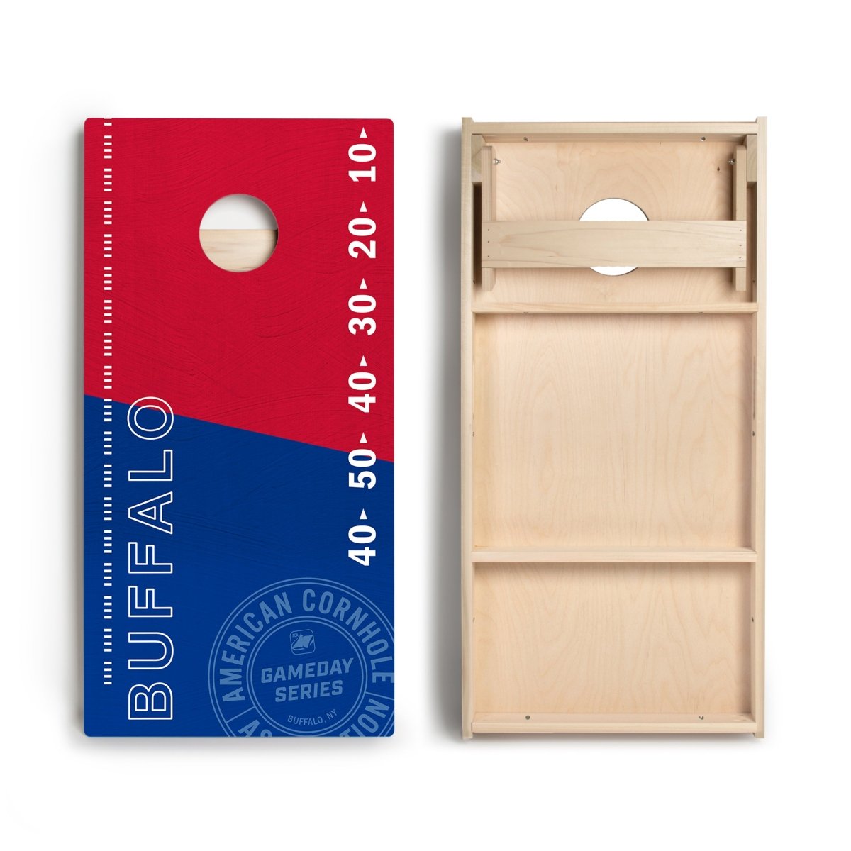 Front and back view of Buffalo Football Gameday Stadium Star Cornhole Boards showing premium playing surface and bounce-reducing bracing.