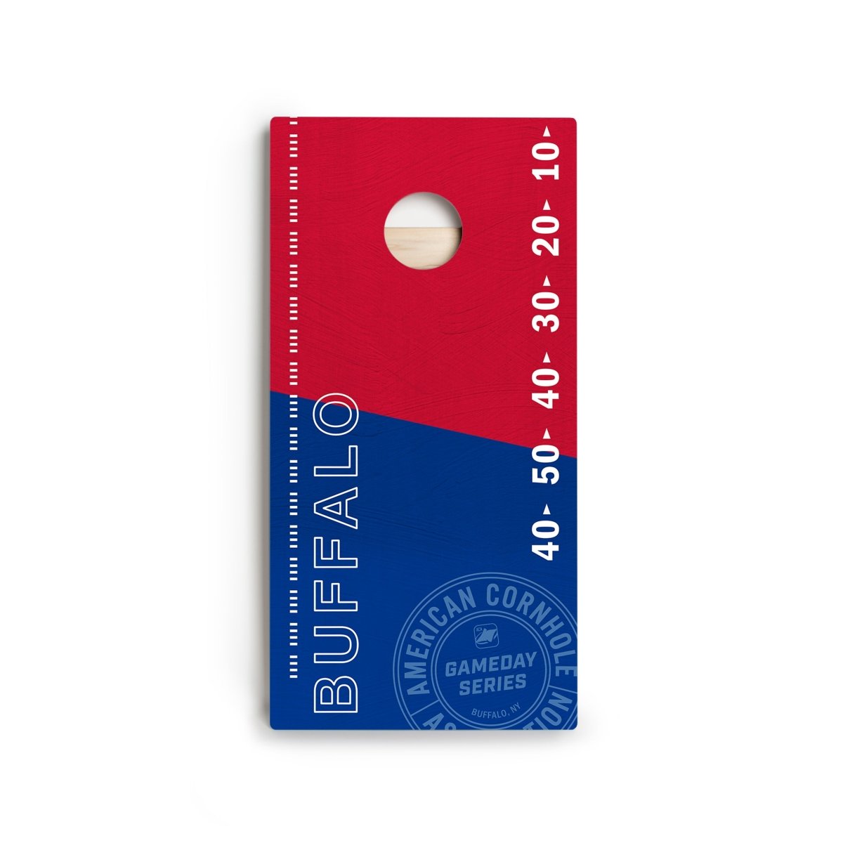 Front view of Buffalo Football Gameday Stadium Star Cornhole Boards showing premium playing surface and HD printed graphics.