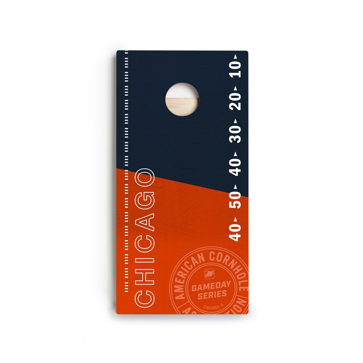 Front view of Chicago Football Gameday Stadium Star Cornhole Boards showing premium playing surface and HD printed graphics.