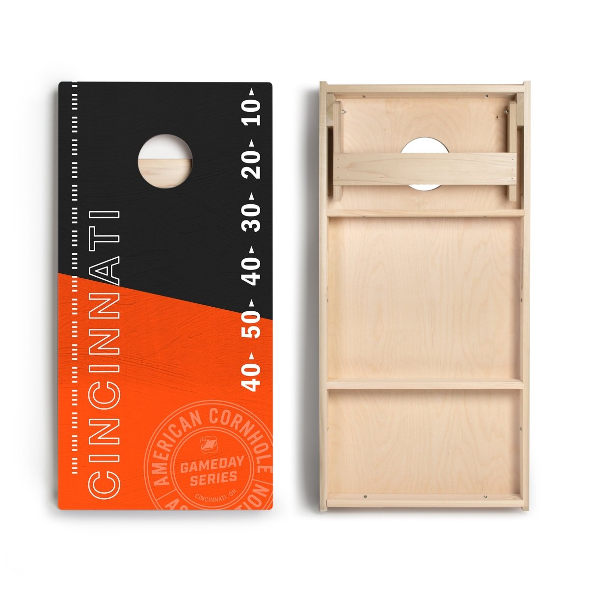Front and back view of Cincinnati Football Gameday Stadium Star Cornhole Boards showing premium playing surface and bounce-reducing bracing.