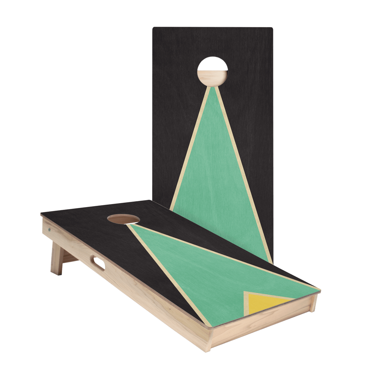 Classic Retro Triangle - Black, Teal, and Yellow Star Cornhole Boards - ACA - 000437 | American Cornhole Association