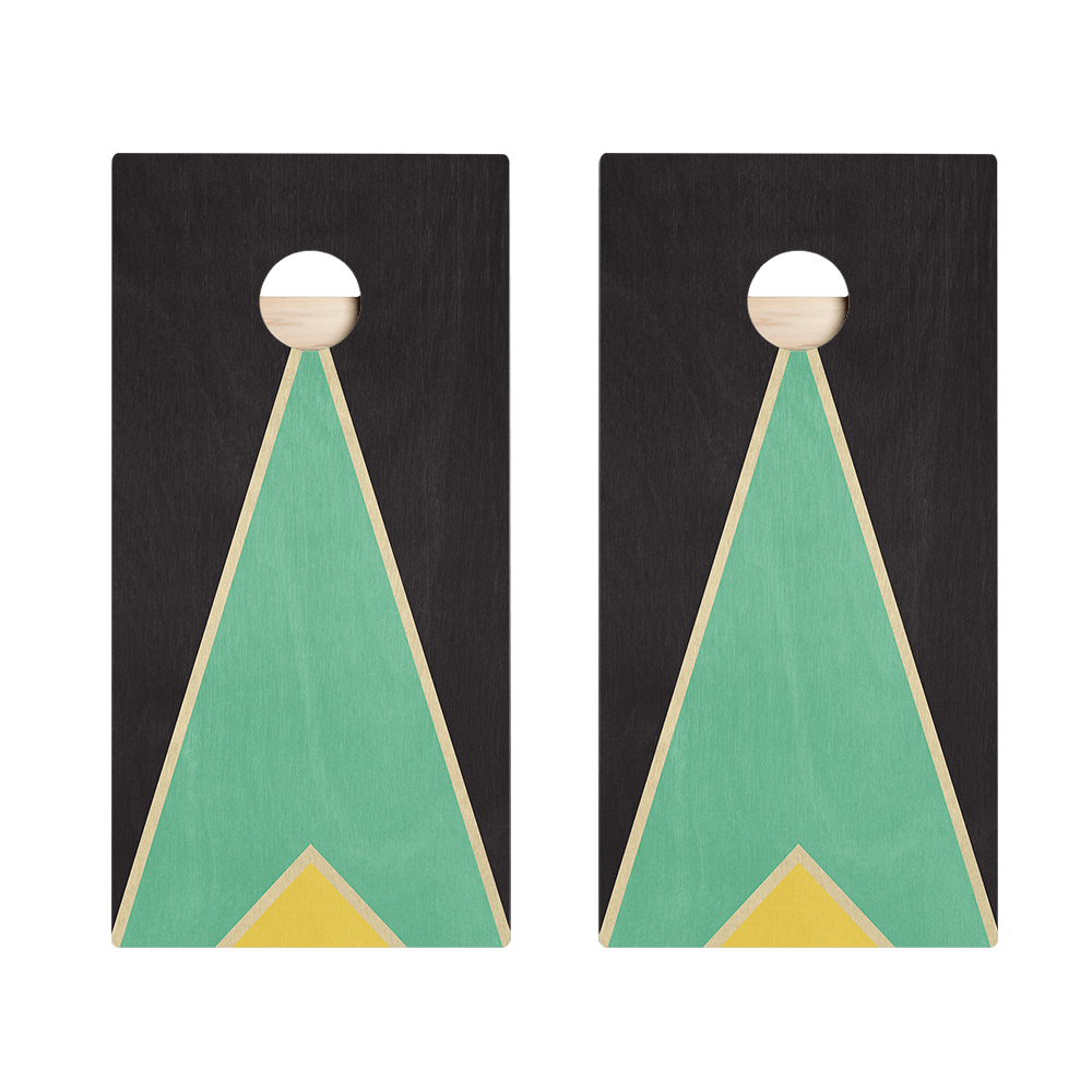 Classic Retro Triangle - Black, Teal, and Yellow Star Cornhole Boards - ACA - 000437 | American Cornhole Association