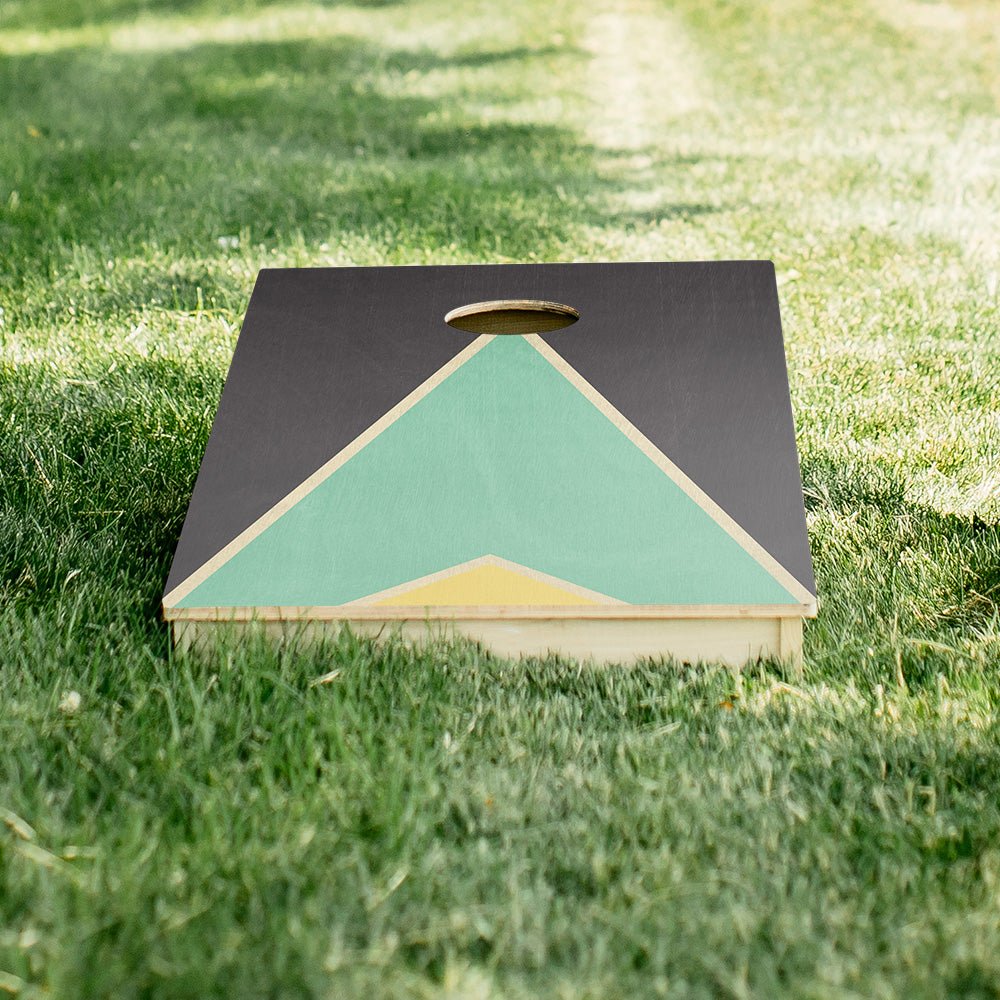 Classic Retro Triangle - Black, Teal, and Yellow Star Cornhole Boards - ACA - 000437 | American Cornhole Association