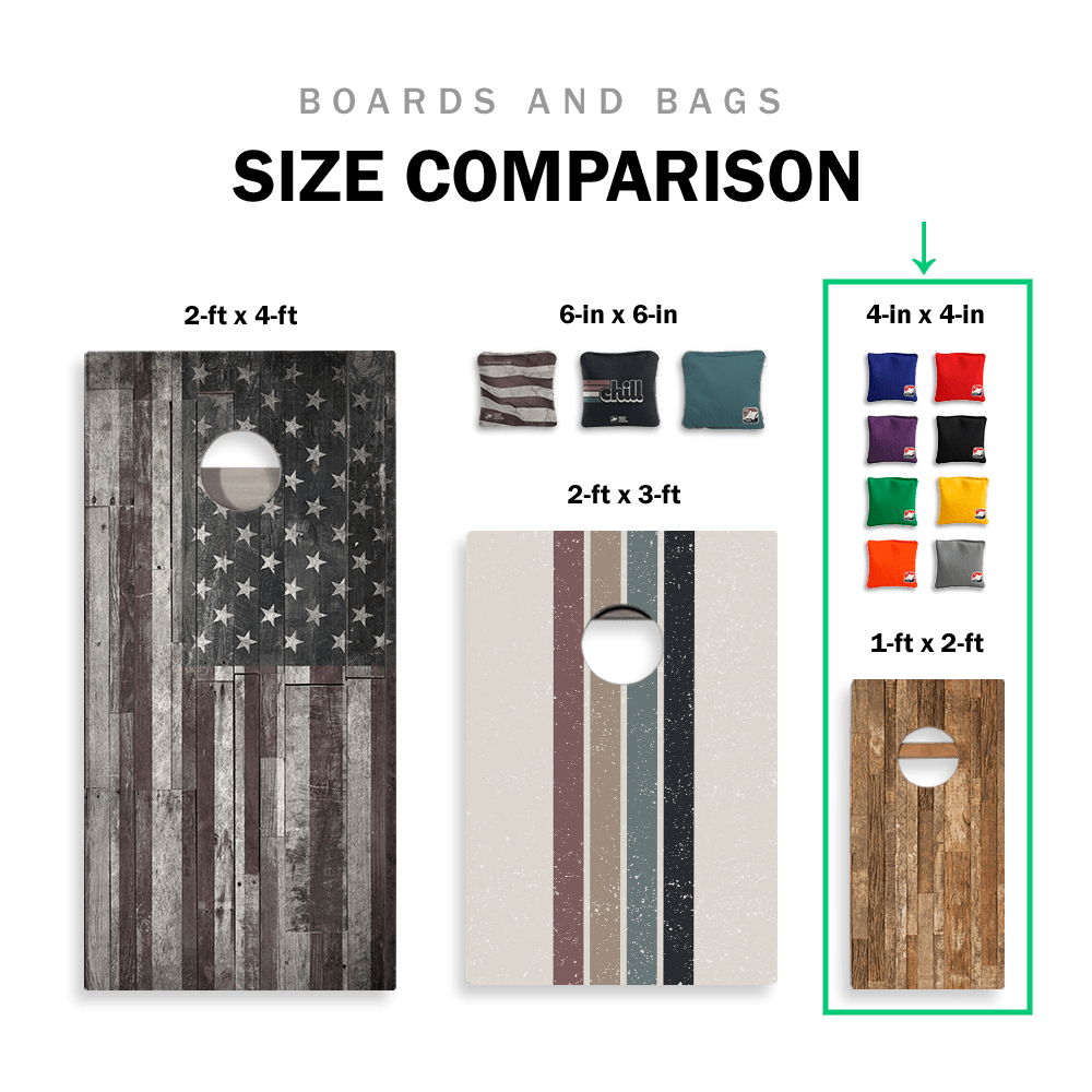 Classic Stripes Mahogany Cream, Blue, and Mauve Backyard 1x2 ft Cornhole Boards, Size Comparison - American Cornhole Association