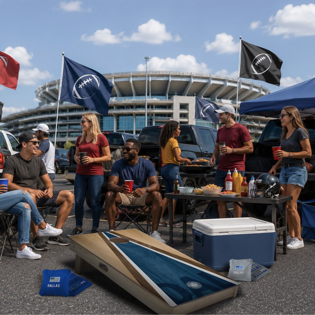 Complete football cornhole set with regulation boards, bags, and carry bag.