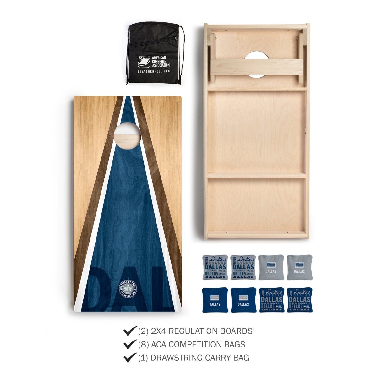 Dallas Tailgate Series Cornhole Set with Pro Bags and drawstring carry bag.